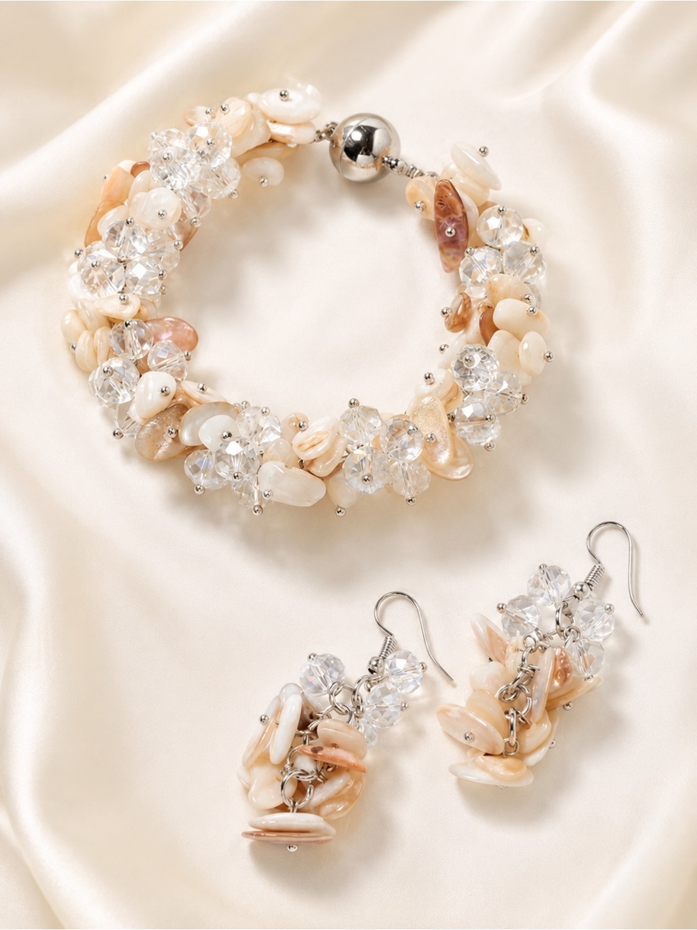 Natural Shell & Clear Bead Bracelet Earrings Set Magnetic Clasp Coastal Boho
